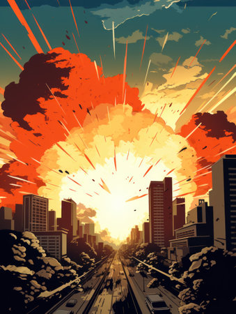 a large explosion in the sky above a cityの素材