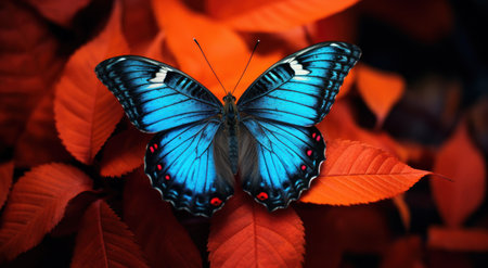 a blue butterfly on a leafの素材