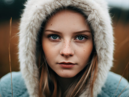 a woman wearing a fur hoodの素材