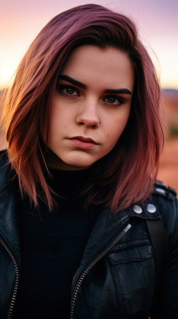 a woman with red hair and a black jacketの素材