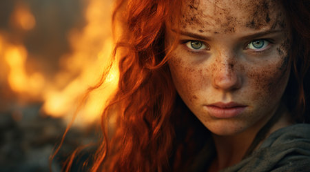 a close up of a woman with red hair and frecklesの素材