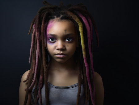 a girl with dreadlocks and purple and yellow hairの素材
