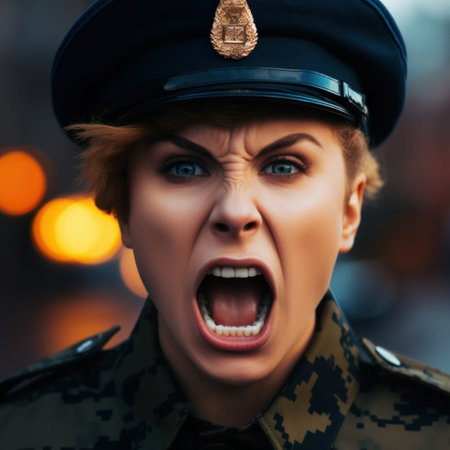 a woman in a uniform yellingの素材