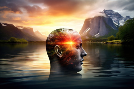 a man's head in water with a light coming out of his headの素材