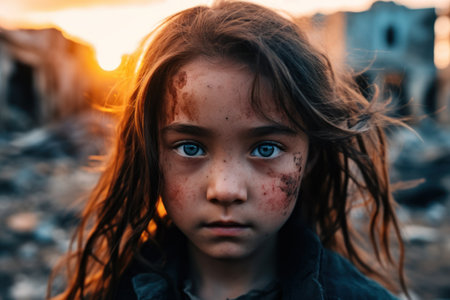 a girl with blue eyes and dirty faceの素材