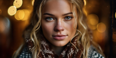 a woman with blonde hair and a scarfの素材