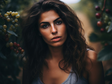 a woman with long brown hair and a grey tank topの素材