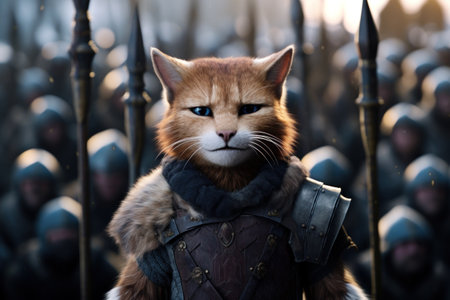 a cat in armor with people behind itの素材