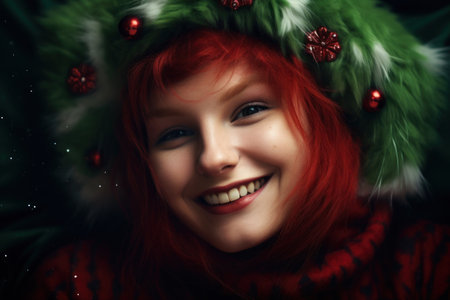 a woman smiling with red hair wearing a green and white hatの素材