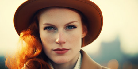 a woman with red hair wearing a hatの素材