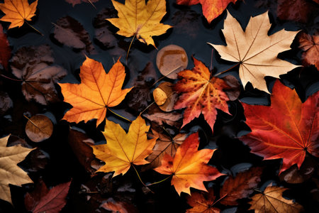 a group of orange and yellow leaves floating on waterの素材