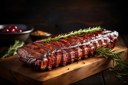 a piece of meat with rosemary on a wooden boardの素材