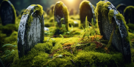 a moss covered gravestones in a cemeteryの素材