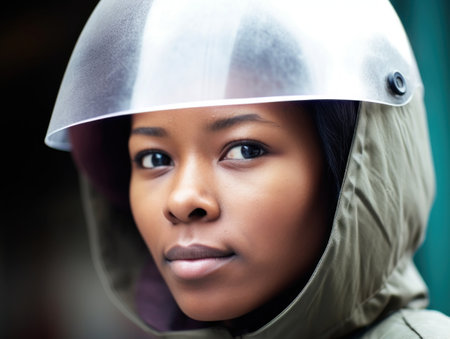 a woman wearing a hood and a plastic visorの素材