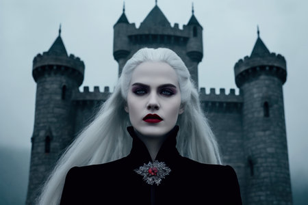 a woman with white hair and red lipstick in front of a castleの素材