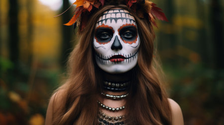 a woman with face paint and leaves on her headの素材