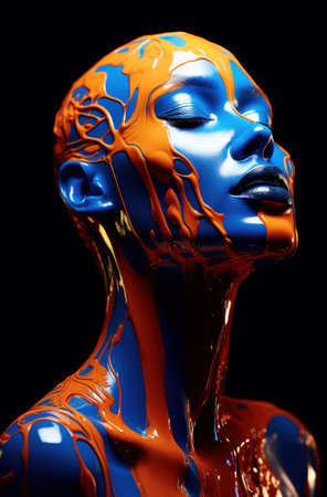 a woman with blue and orange paint on her faceの素材