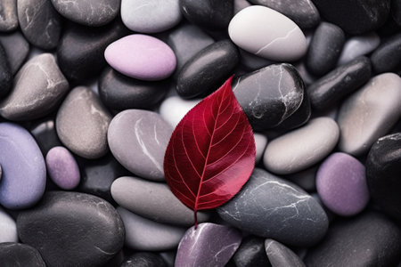 a red leaf on a pile of rocksの素材