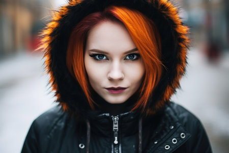 a woman with red hair wearing a black coat with a fur hoodの素材