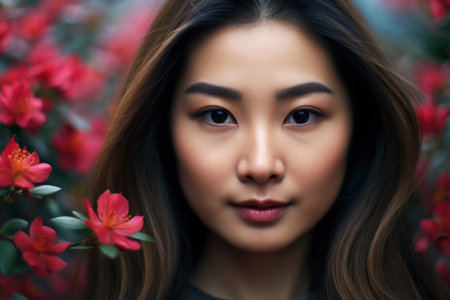 a woman with long hair and a flowerの素材