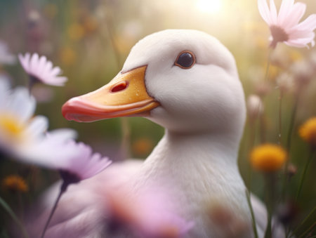 a white duck in a field of flowersの素材