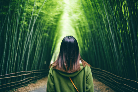 a woman walking through a bamboo forestの素材