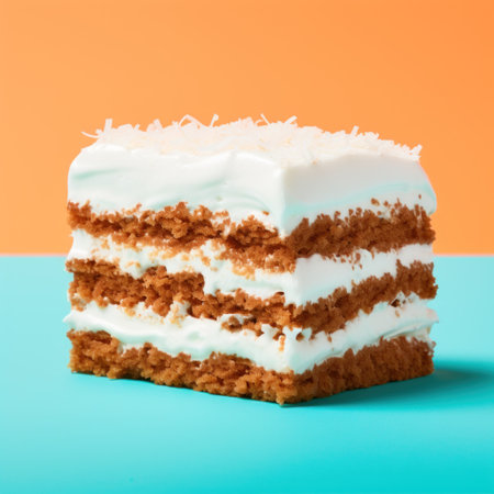 a piece of cake with white frosting on a blue and orange backgroundの素材