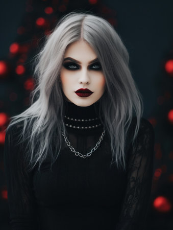 a woman with black makeup and red lipsの素材