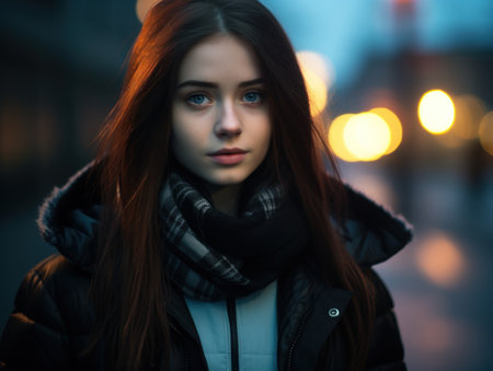 a woman with long hair wearing a black coat and scarfの素材