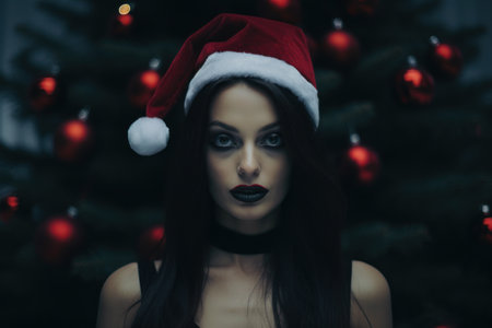 a woman wearing a santa hatの素材