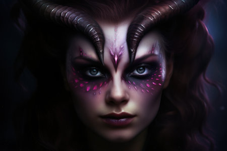 a woman with horns on her faceの素材