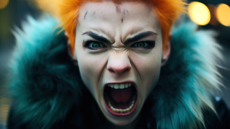 a person with orange hair and a fur coat yellingの素材