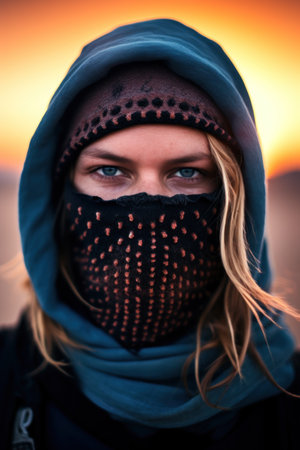 a woman wearing a scarf and a face maskの素材