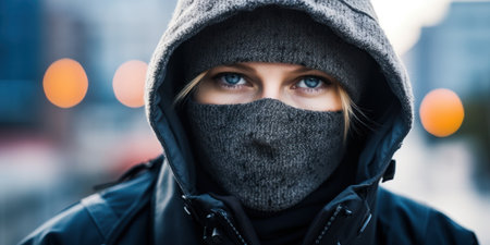 a woman wearing a mask and a hoodの素材