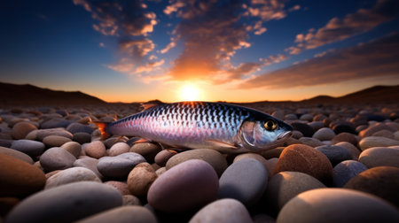 a fish on a rocky beachの素材