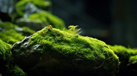 a mossy rock with small plants growing on itの素材