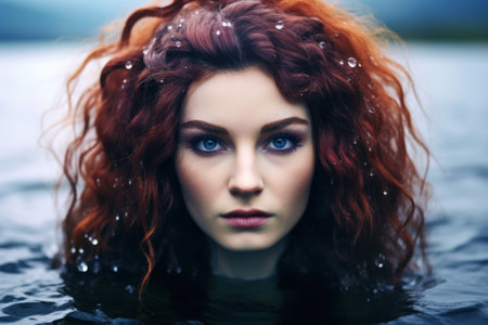 a woman with red hair and blue eyesの素材