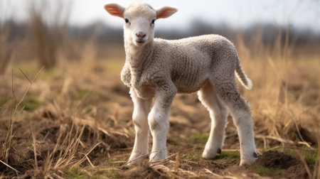 a baby lamb standing in a fieldの素材