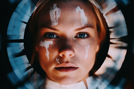 a woman with white paint on her faceの素材