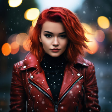 a woman in a red leather jacketの素材