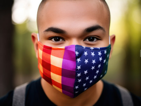 a man wearing a colorful face maskの素材