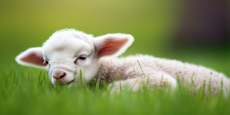 a baby lamb lying in the grassの素材