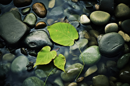 a leaf floating on rocksの素材