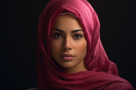 a woman with a red head scarfの素材