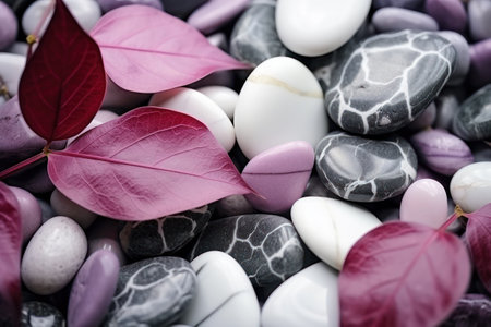 a pile of pebbles with red leavesの素材