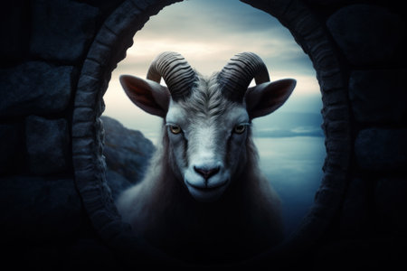 a goat looking through a stone windowの素材