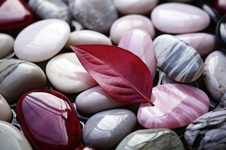 a red leaf on a pile of pebblesの素材