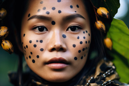 a woman with black dots on her faceの素材