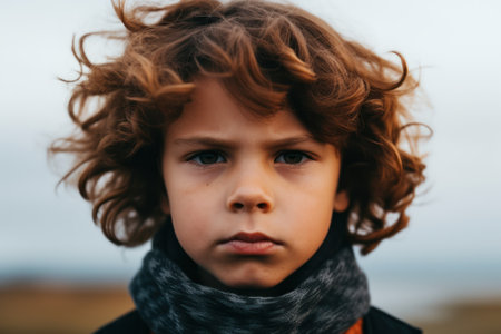 a boy with curly hair and a scarfの素材