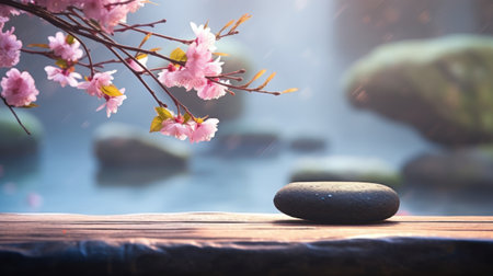 a rock and pink flowers on a tableの素材
